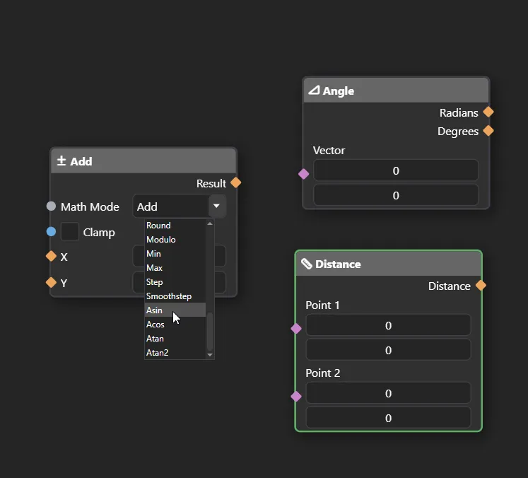 New math modes, distance and angle nodes