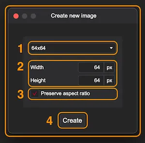 Screenshot of the create new image window with highlights.