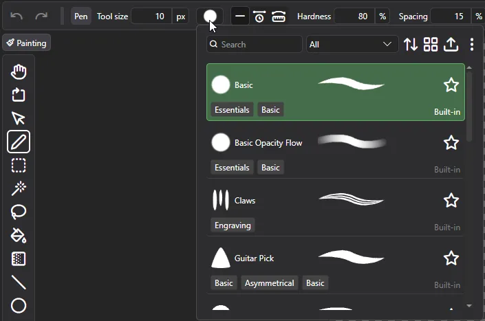 Brushes in the toolbar